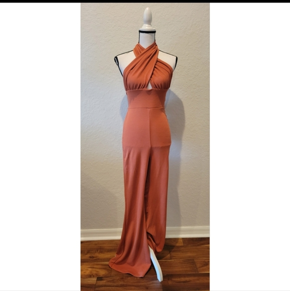 Burnt Orange Ribbed Halter Jumpsuit - Picture 2 of 4